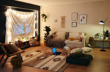 Living room prepared for movie night