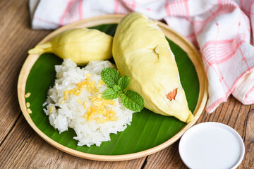 Durian sticky rice summer tropical fruit food, Asian Thai dessert tropical sweet durian peel with yellow bean, Ripe durian rice cooked with coconut milk.