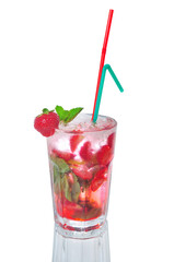 red cocktail on white background decorated with mint