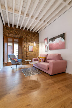 Stylish interior design of living room with loft architecture