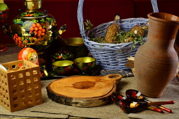 tea, traditional Russian dishes kitchen in the house in the old Russian style, cups spoons, tea, Moskow