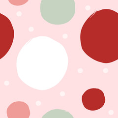 Cute abstract hand-drawn seamless pattern Vector illustration Red, white and green circles on light pink background