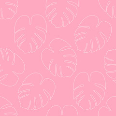 Monstera seamless pattern Vector illustration in outline style Cute print with palm leaves in white thin line on pink background