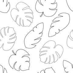 Tropical seamless pattern Vector illustration in outline style Palm leaves and monstera leaves in thin line on white background