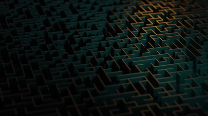 Dark maze pattern in orange and green. Elevated view. Abstract, digital 3D rendering.