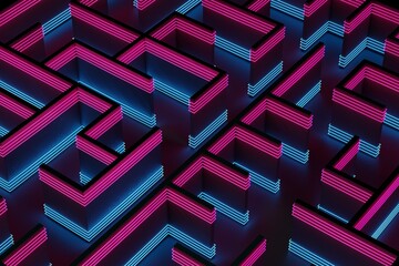 Neon colorful maze pattern in cyan and magenta. Elevated view. Abstract, digital 3D rendering.