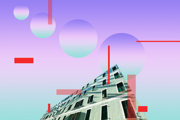 digital collage  illustration representing a fantastic futuristic minimal landscape