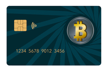 A bitcoin credit card is seen in this 3-d illustration about cryptocurrency via credit and debit cards..