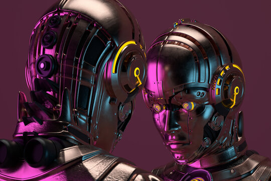 Portrait of two connected robot