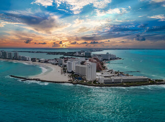 Sunset view of Cancun hotel zone, Mexico