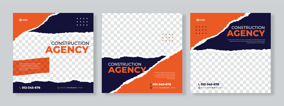 Set of three construction agency social media pack template premium vector