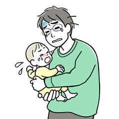 Obraz premium A father with nervous breakdown, holding his crying baby in his arms