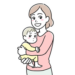 A smiling mother holding her baby in her arms