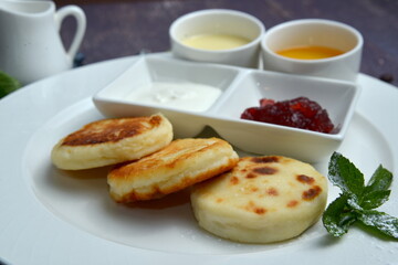 cottage cheese pancakes Healthy breakfast close up