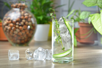 homemade cocktail on the wooden table closeup on kitchen blurred background