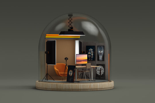 Interior of a photo study protected by a glass dome