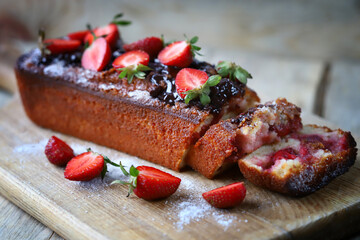 Homemade cake with strawberries and chocolate. Delicious pastries with strawberries.