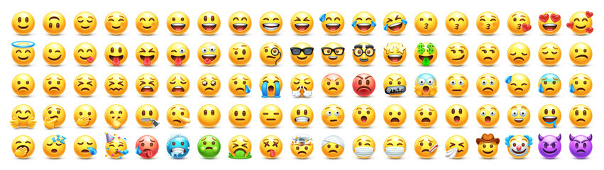 Yellow emoji. Funny emoticons faces with facial expressions. 3D stylized vector icons set