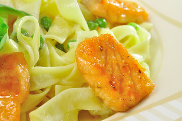 Tagliatelle with Salmon on white plate closeup