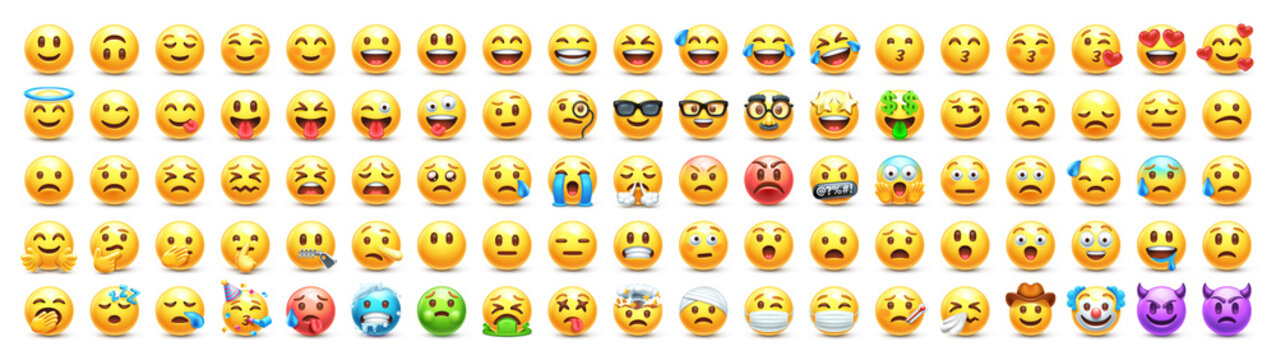 Naklejka Yellow emoji. Funny emoticons faces with facial expressions. 3D stylized vector icons set