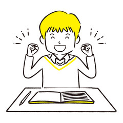 手描き1color  男の子　ノートでお勉強　ガッツポーズ