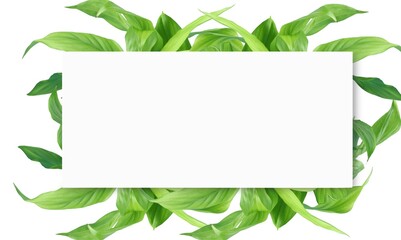 Frame made of green branches and leaves and white card.