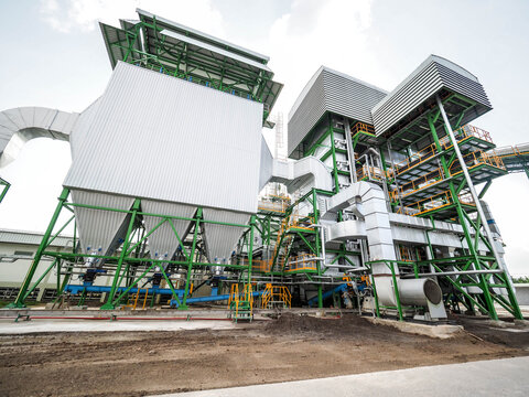 An electrostatic precipitator and stack in biomass power plant.