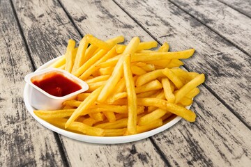 Sweet potato fries with ketchup sauce, homemade roasted in the oven