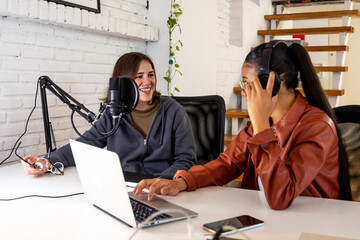 Diverse colleagues recording an online podcast  