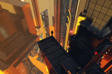 Man on the roof of a modern city building at night