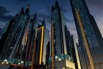 Skyline of the modern city at night from below