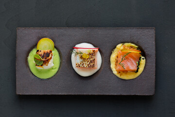 Food: Plates of design with a gourmet food selection