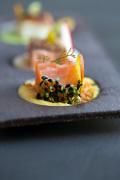 Food: Smoked salmon with miso and wasabi sesame