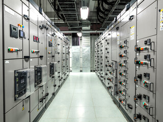 Electrical switchgear, Industrial electrical switch panel at substation in industrial zone at power plant with closed up high resolution 50M pixel concept which customer can use for large file.