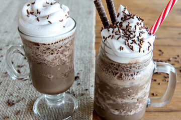 Cold frappe coffee with whipped cream. Iced frappuccino.