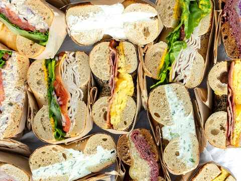 Overhead Bagel Sandwiches