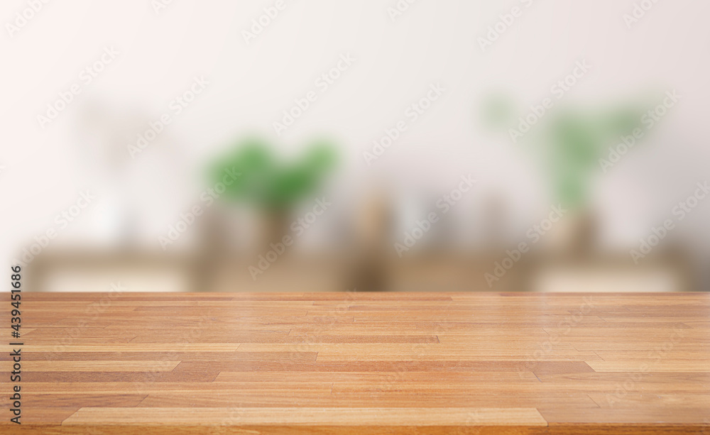 Poster empty of wood table top on blur of white clean abstract and blur interior background with bokeh.used