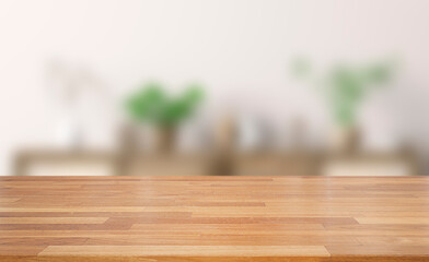 Empty of wood table top on blur of white clean  abstract and blur interior background with...