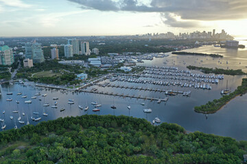 Aerial view of Dinner Key Marina and anchorage in Coconut Grove, Miami, Florida on early summer morning