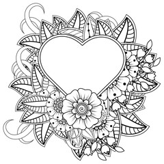 Mehndi flower with frame in shape of heart for henna, mehndi, tattoo, decoration. decorative ornament in ethnic oriental style. doodle ornament. coloring book page.