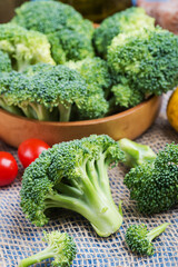 fresh broccoli on burlap close-up