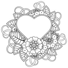 Mehndi flower with frame in shape of heart for henna, mehndi, tattoo, decoration. decorative ornament in ethnic oriental style. doodle ornament. coloring book page.