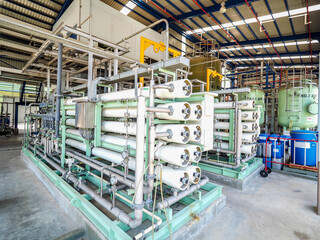 A reverse osmosis plant of water treatment plant in industrial zone at power plant with closed up - obrazy, fototapety, plakaty