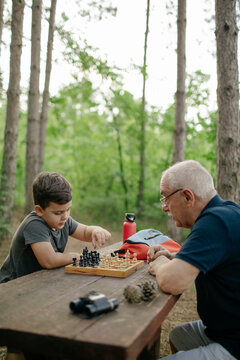 Grandfather playing chess with his grandson