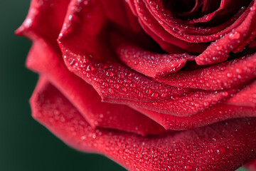 red rose petals with small drops of water on a green background