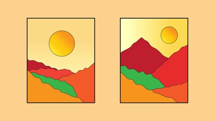 a pair of mountain wall art. Earth tone vector landscape background set with sun. Abstract art design for wall frame prints, covers, home decor, posters and wallpapers.