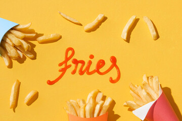 Text Fries make by ketchup with french fries containers around