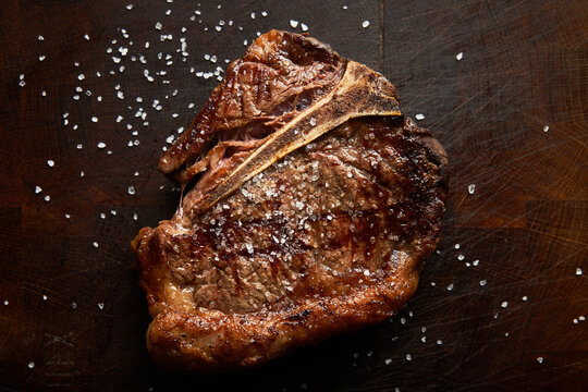 Roasted meat steak with salt flakes