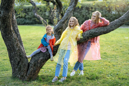 Cheerful sisters resting near tree in park