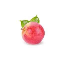 Red apple with leaf and slice on a white background.